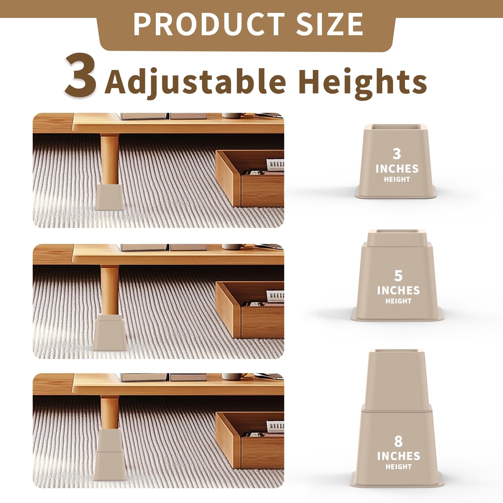 Adjustable Bed Risers 3, 5, 8 Inch Heavy Duty, Stackable Furniture Brown