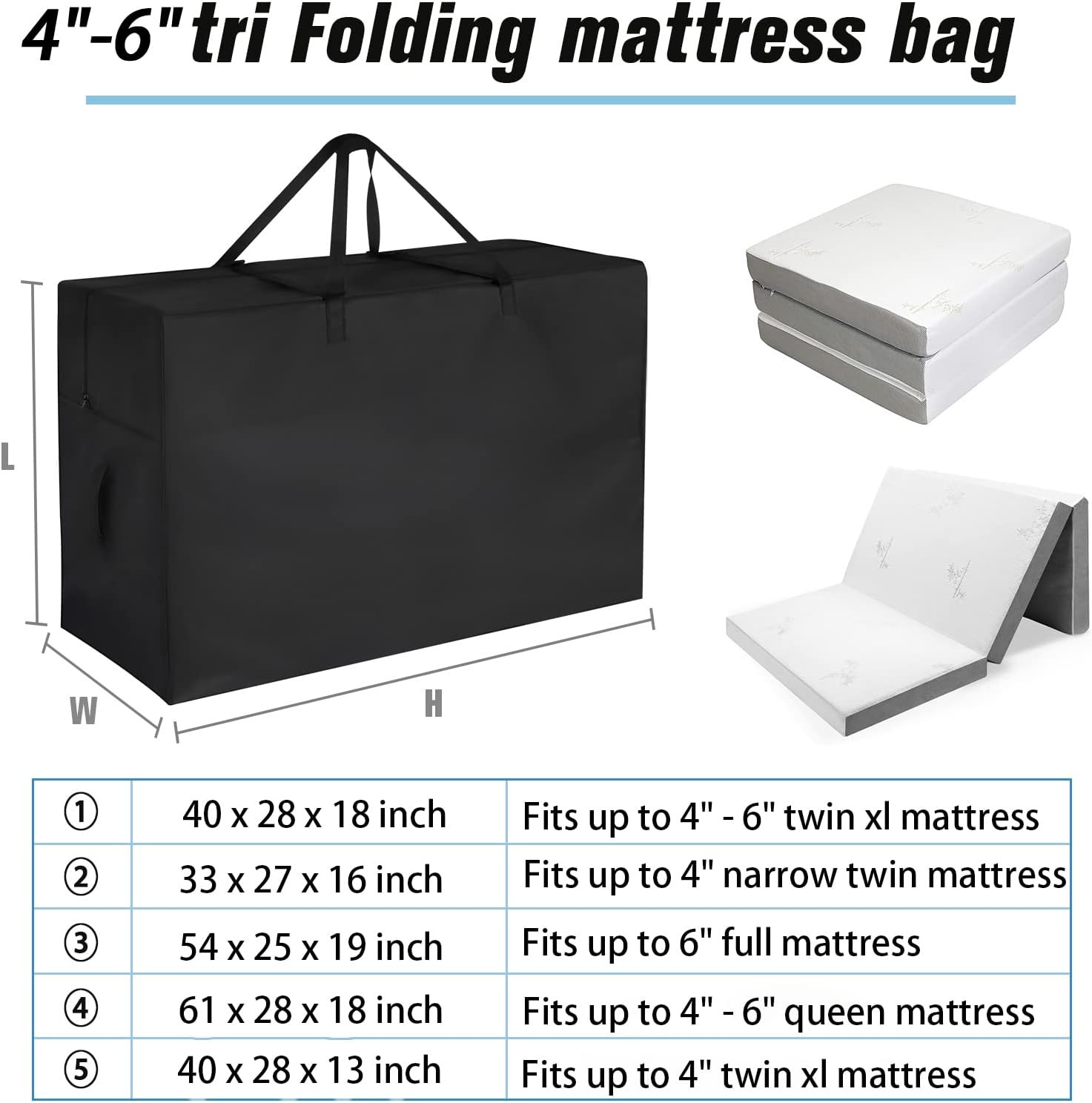 6 Inch Full Tri Folding Mattress Storage Bag,Trifold Memory Foam Mattress Case,P