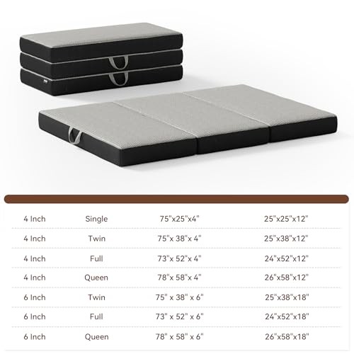 Memory Foam Trifold Mattress Portable Floor Bed 6 Inch, Queen 6 Inch-Grey
