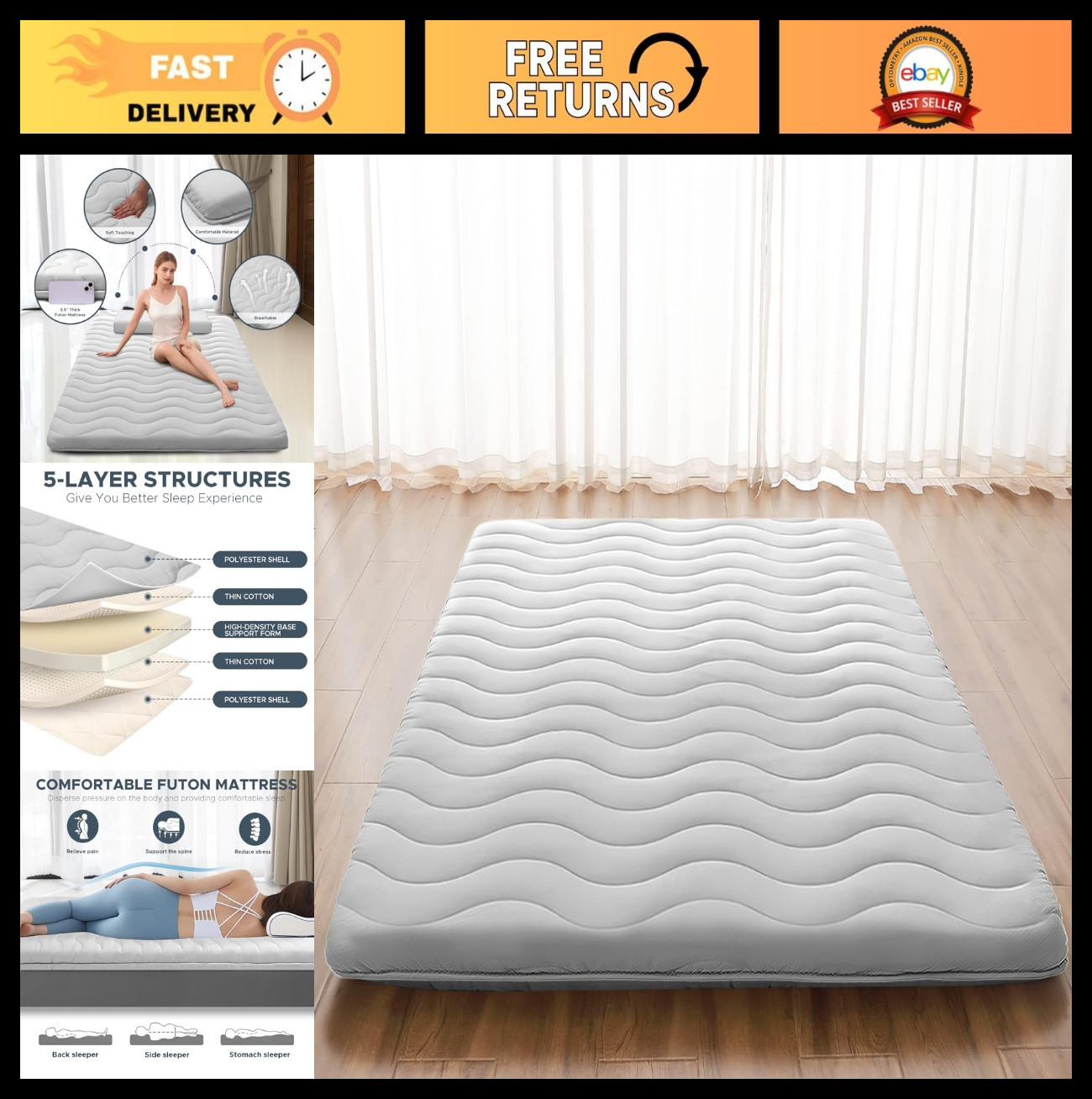 Foldable Japanese Futon Mattress – 3.5″ Thick Foam Sleeping Pad for Kids & Adult