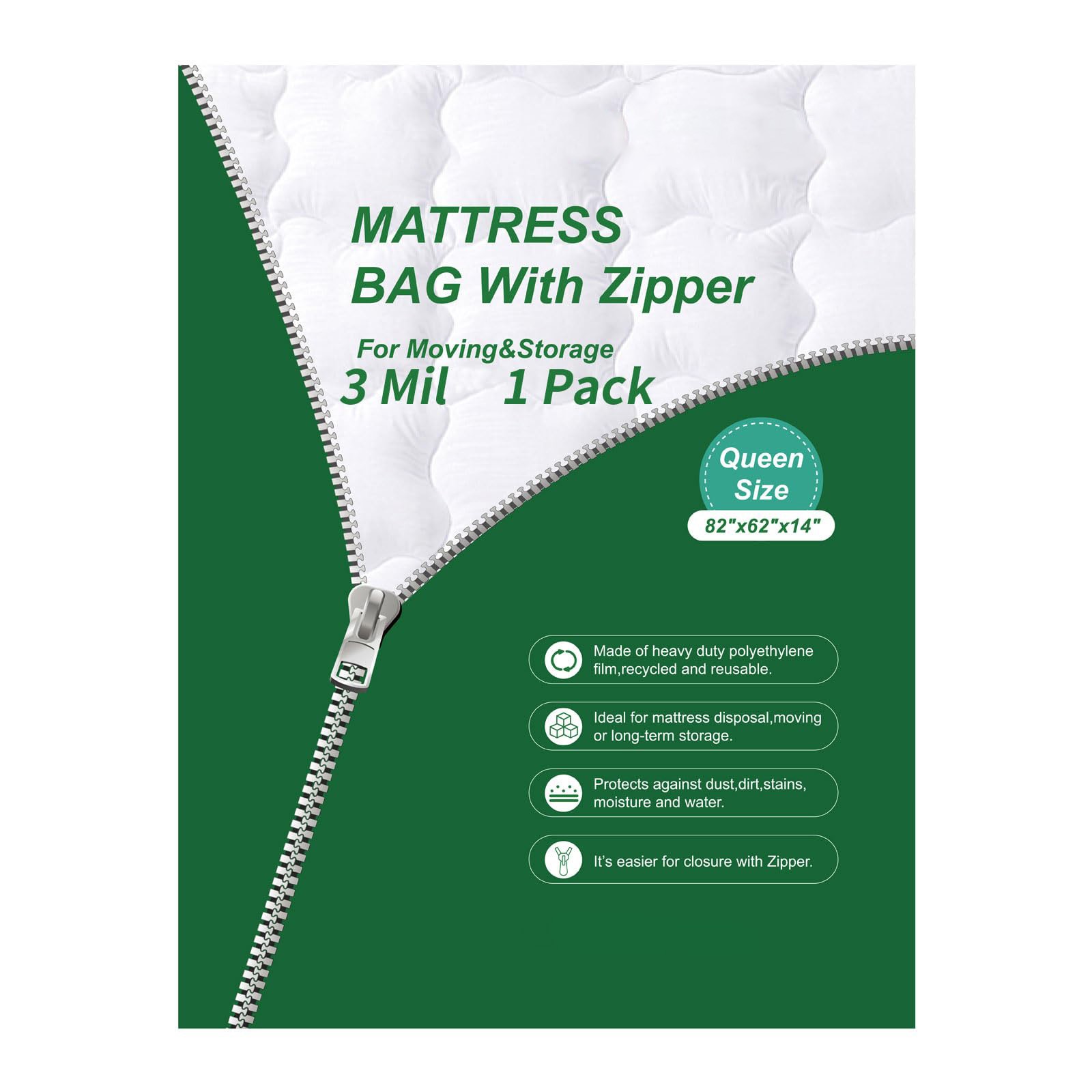 Queen Bed Mattress Bag, 3 Mil Zipper, Waterproof Moving Cover, White