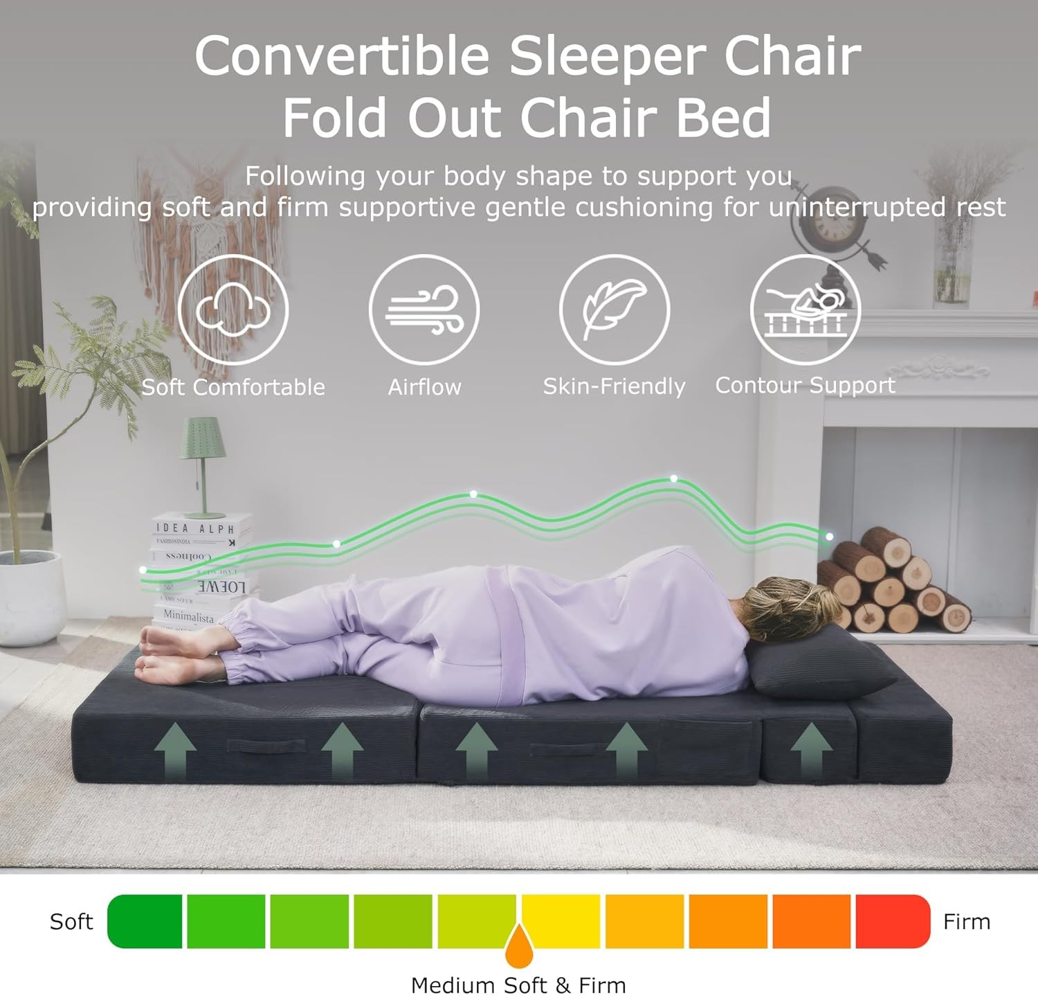 Folding Sofa Bed, 4 in 1 Convertible Sleeper Chair with Pillow, Single