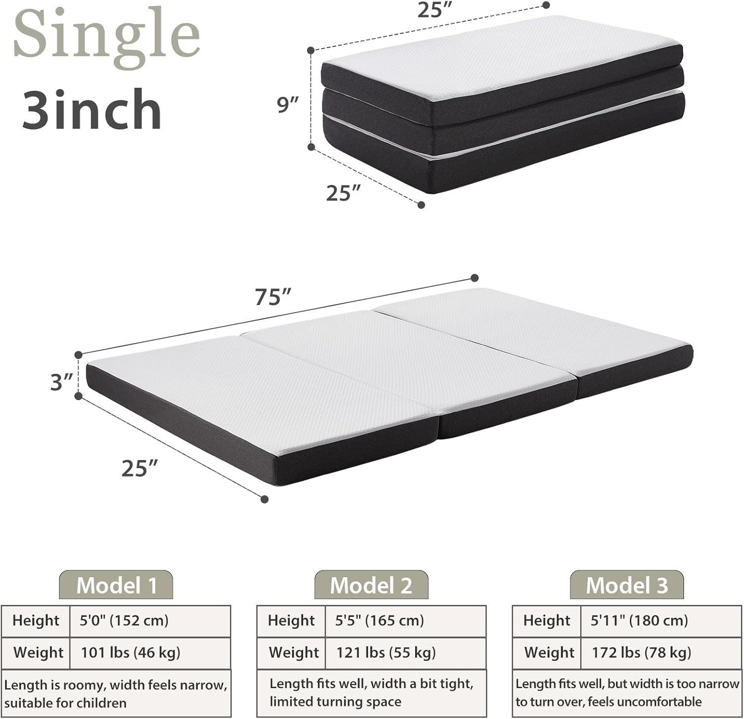 Tri Fold Memory Foam Foldable Mattress Single 3 inch Folding Mattress Guest