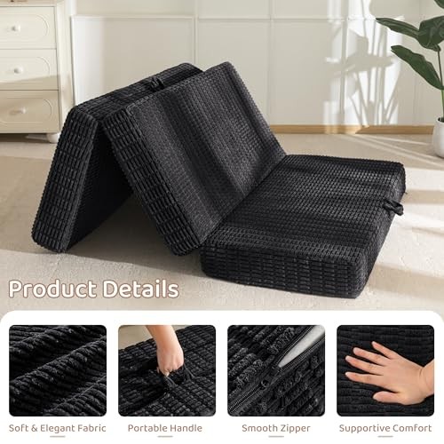 Memory Foam Tri-Folding Mattress, 6 Inch Gel Folding Mattress Tw” Black