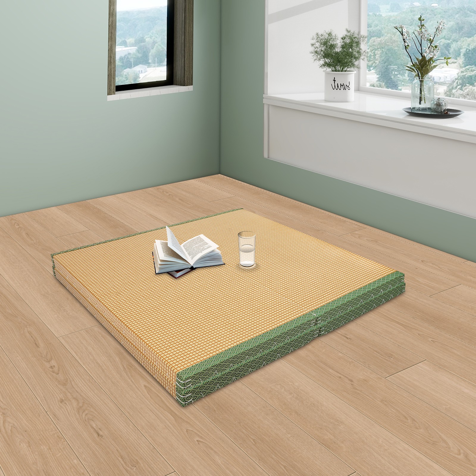 200*100*5cm Tatami Mattress, Foldable Floor Mattress, Meditation Mat Green Brown
