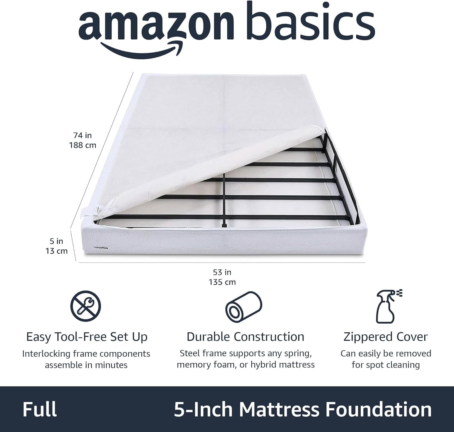 Amazon Basics Smart Box Spring Bed Base, 5-Inch Full(74"L x 53"W)