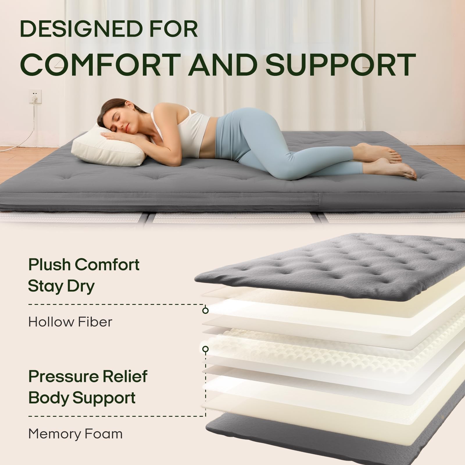Japanese Floor Futon Mattress Full Size 75″X 54″, 100% Cotton Cover 2.5” Thicke