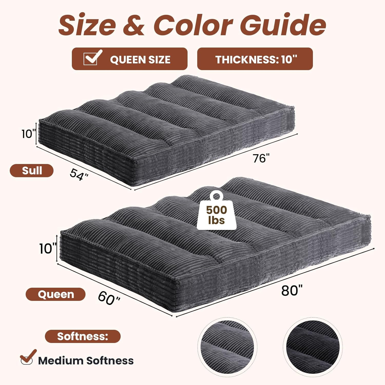 10″ Futon Mattress Queen Size,Futons Sofa Couch Bed with Straps, Thick Corduroy