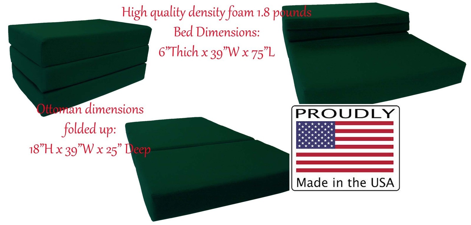 Full Size Hunter Trifold Foam Bed, 6 x 54 x 75 Folding Mattress, 1.8 lb Density