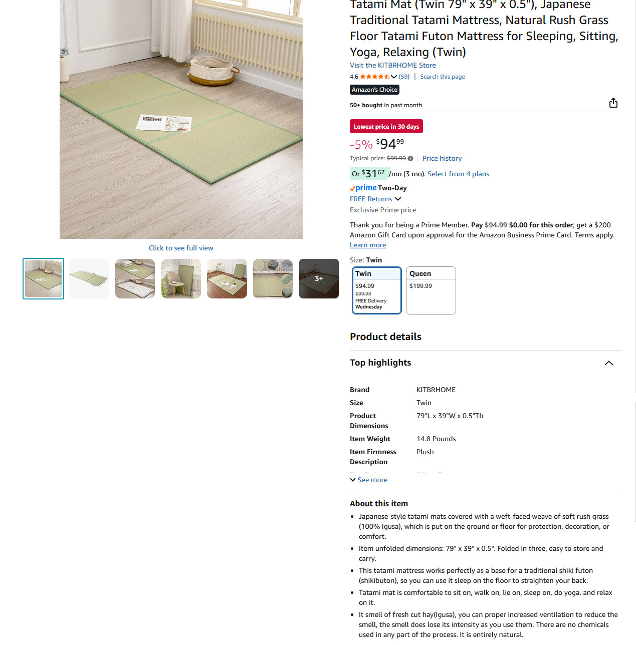 Tatami Mat (Twin 79″ x 39″ x 0.5″), Japanese Traditional Tatami Mattress#2117DY1
