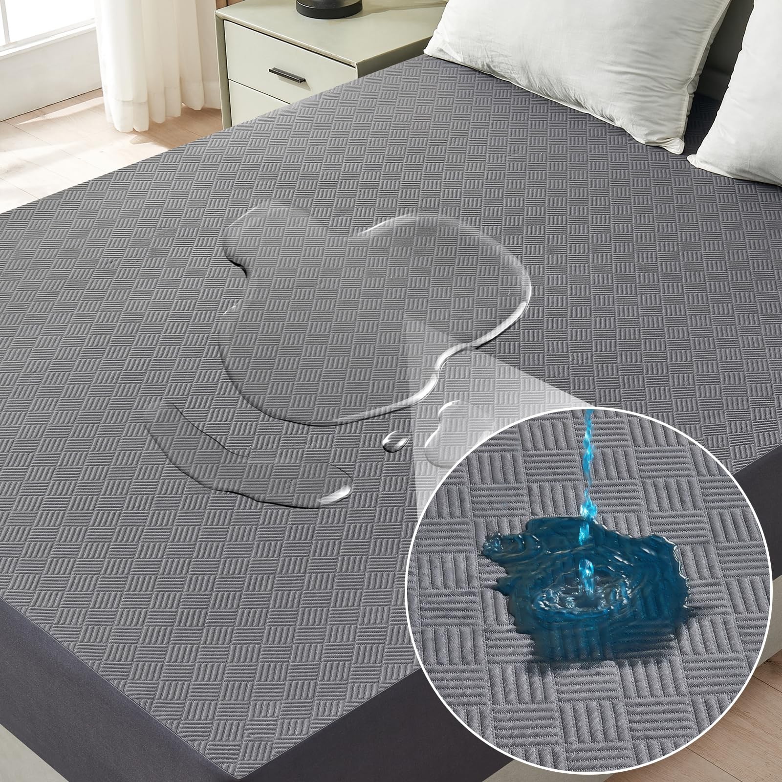 Inooro Queen Size Waterproof Mattress Protector, Breathable Bed Queen, Gray