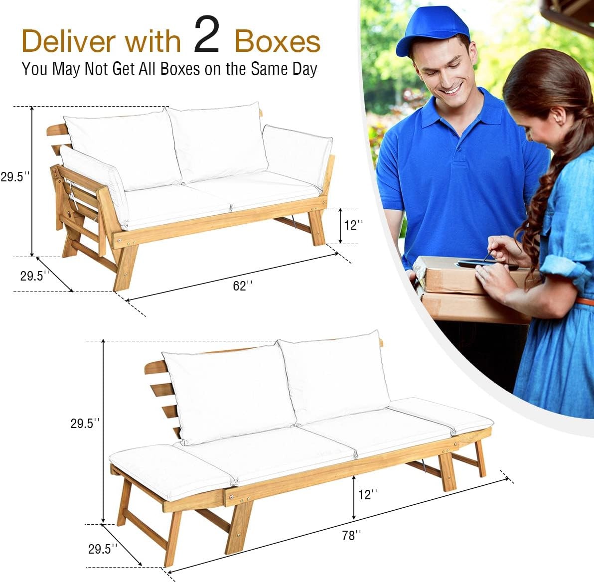 Convertible Acacia Wood Patio Couch Sofa Bed with Adjustable
