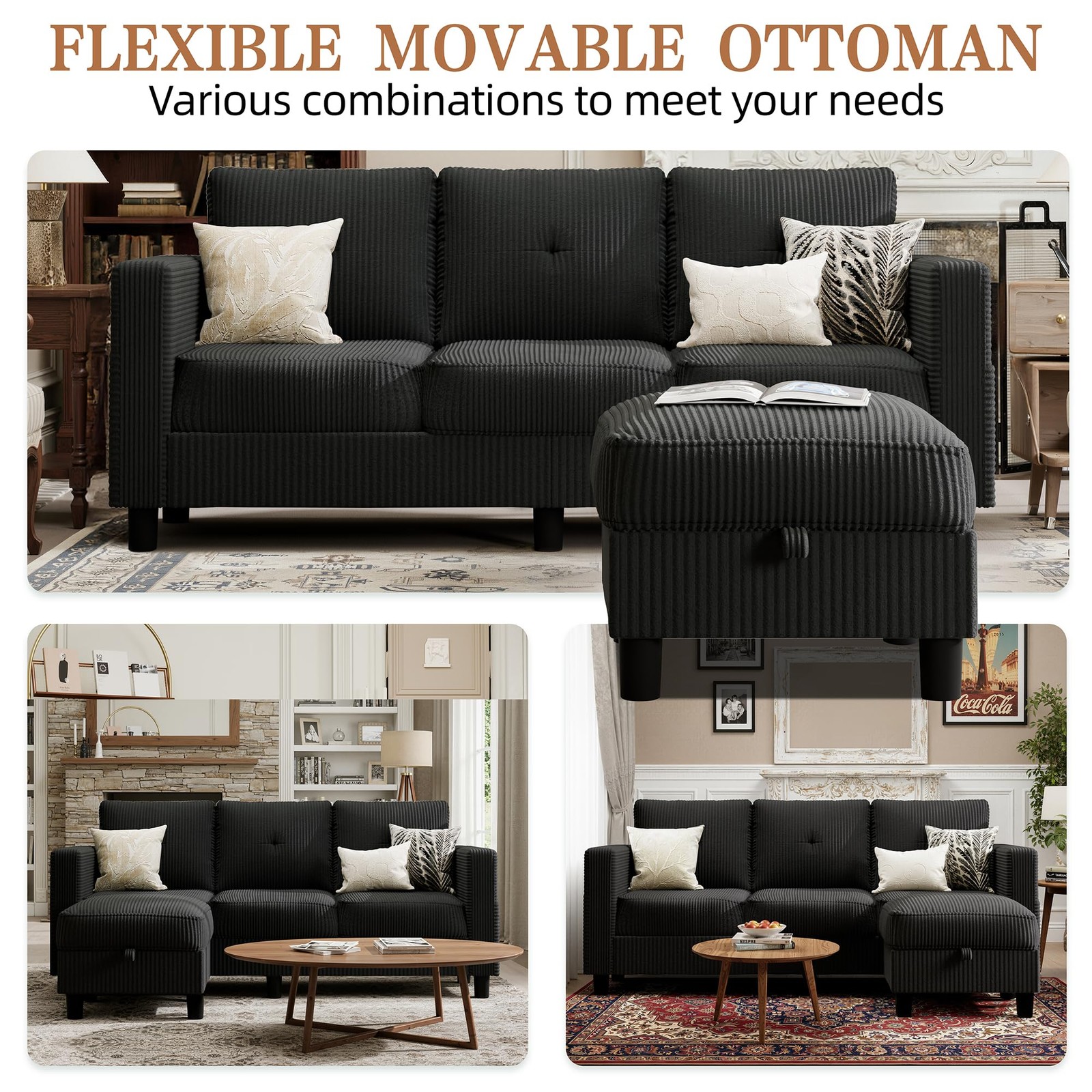 Shintenchi Modern Upholstered Sectional Sofa, L-Shaped Couch with Black