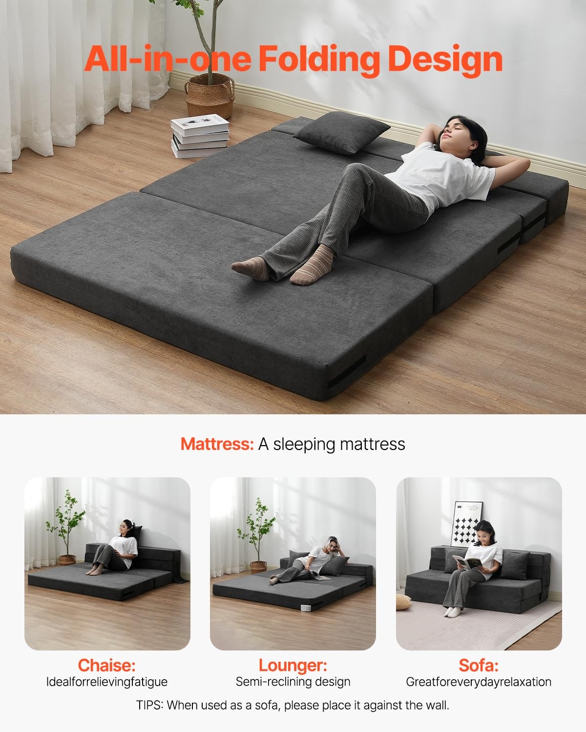 VEVOR Folding Sofa Bed, 3-in-1 Foldable Couch Bed with 2 Queen, Dark Grey