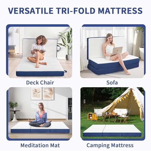 Folding Mattress Memory Foam Tri-Fold Floor Bed and Futon Topper Twin 6 Inch