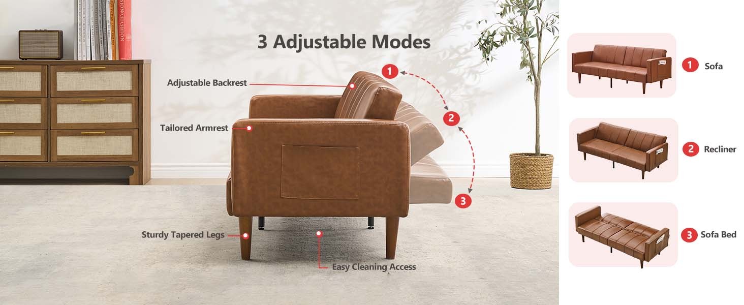 75″ Futon Sofa Bed, Mid- Modern Futon Couch, Convertible Sleeper