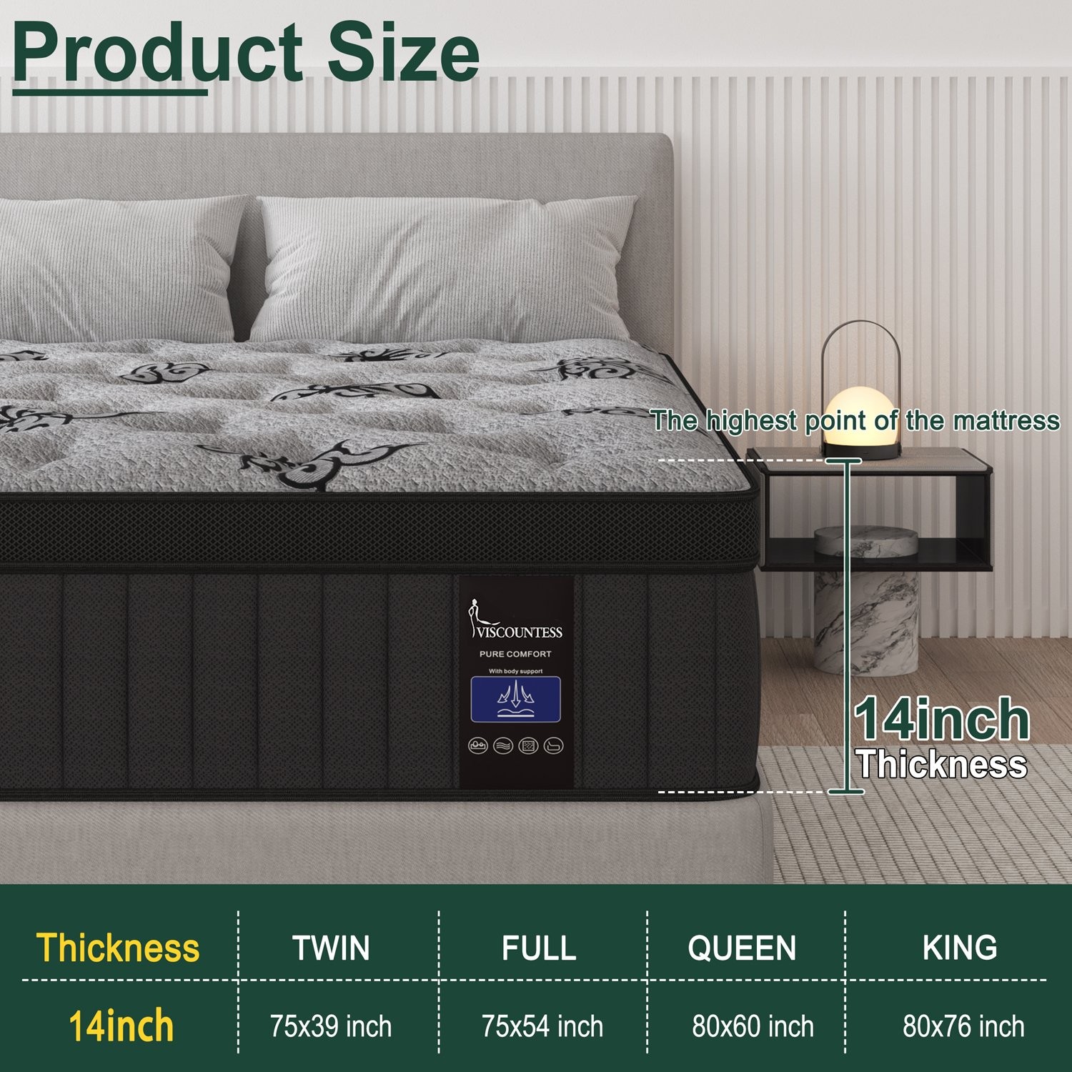 14″ Twin Full Queen King Size Hybrid Mattress Innerspring and Gel Memory Foam
