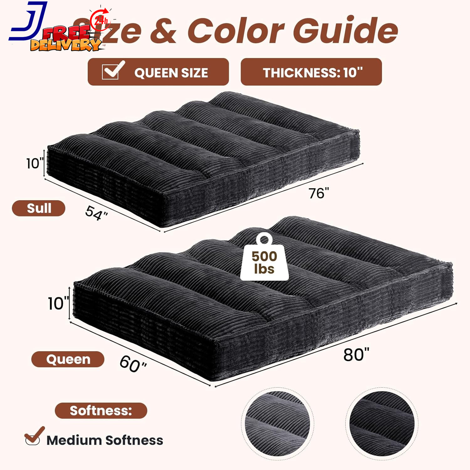 10″ Futon Mattress Queen Size Futons Sofa Couch Bed with Straps Thick Corduroy
