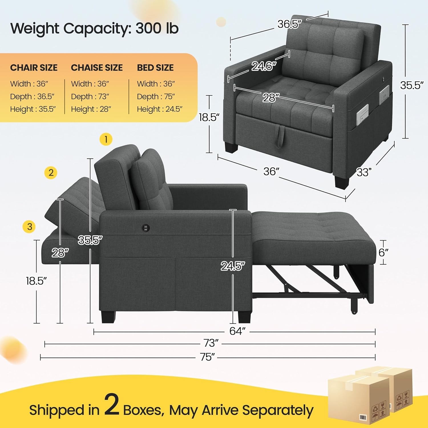 Sleeper Chair Convertible Chair Bed Fabric Futon Sofa Bed 3-in-1