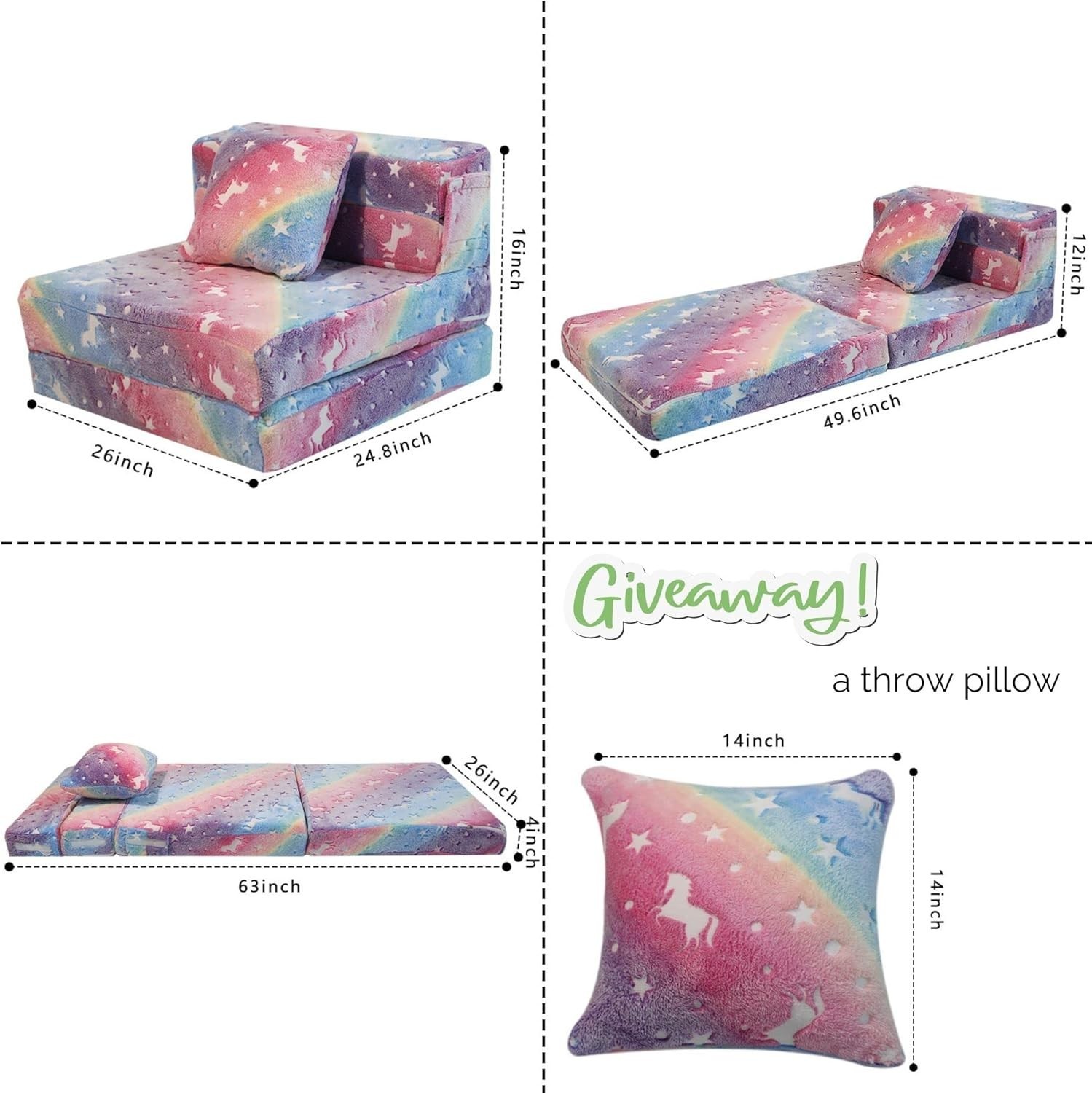Glow Rainbow Unicorn Tri-fold Sofa Bed for Kids, Foldable Futon Mattress, Cha…