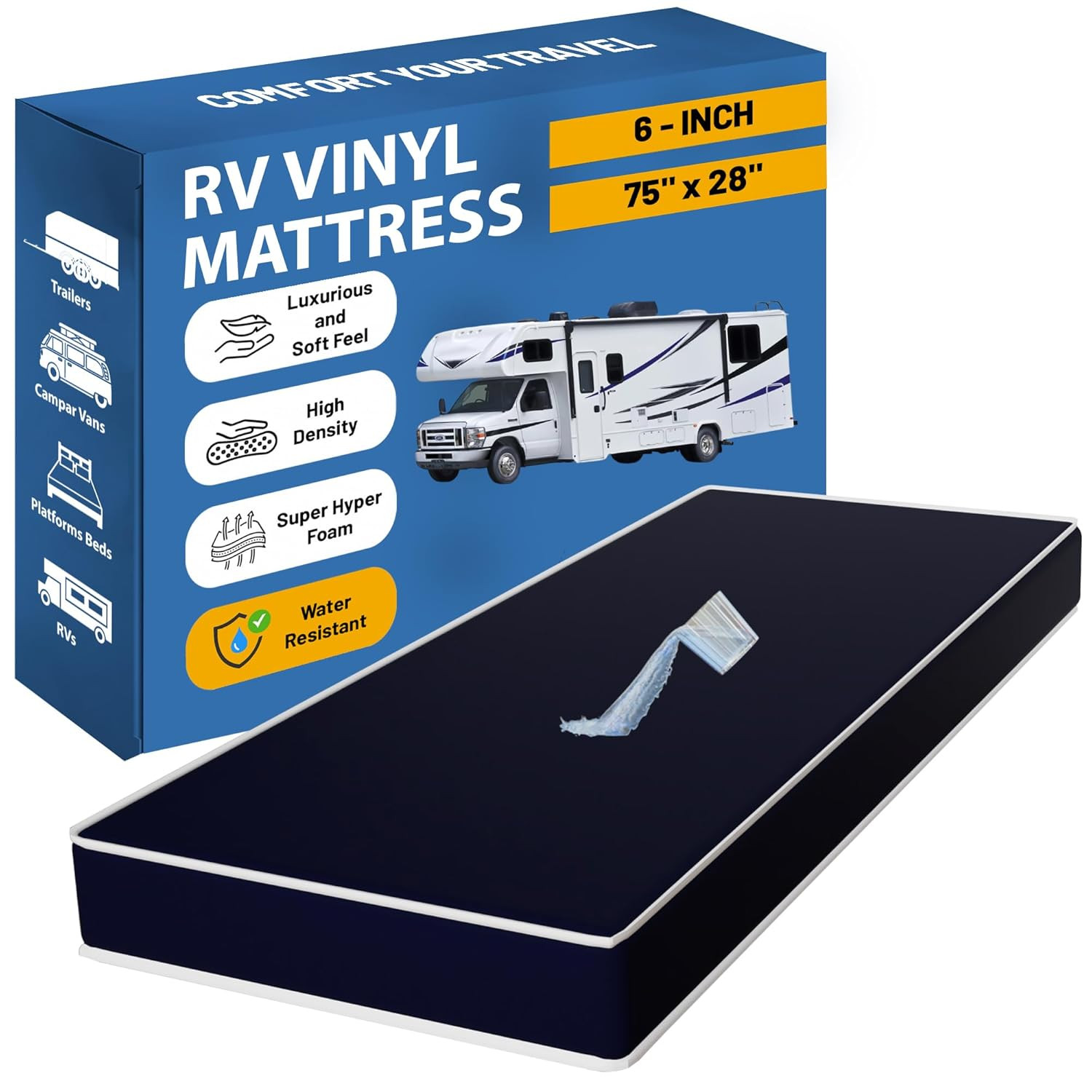 6-Inch Medium Firm Waterproof Foam Mattress, Easy Clean, 75″ X 28″, Blue