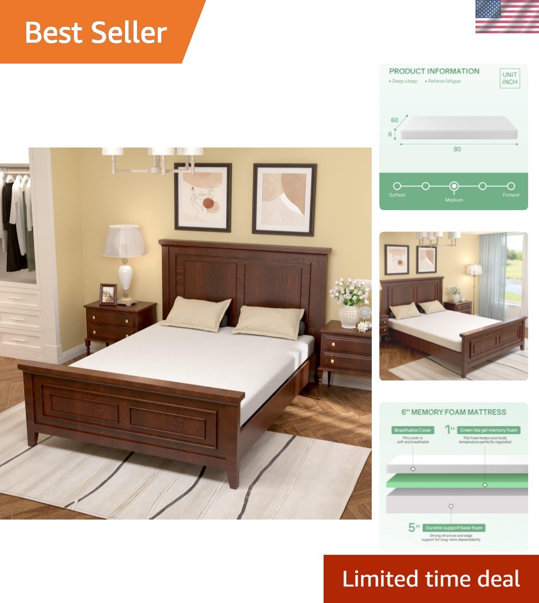 Queen Size Mattress,Fiberglass Free 6 Inch Green Tea Cooling Gel Memory Foam …