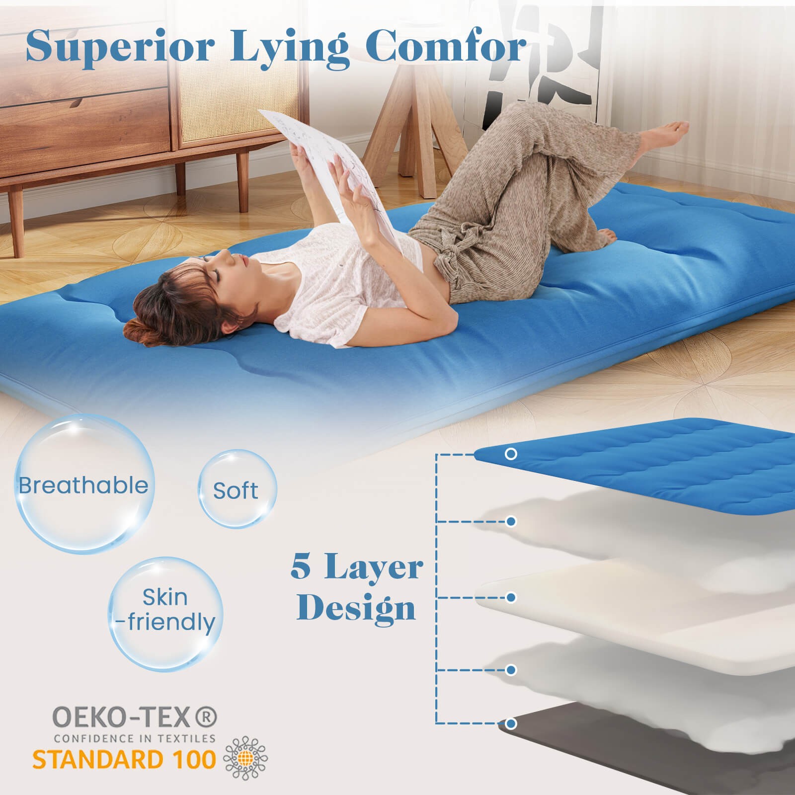 Twin Futon Mattress Japanese Floor Sleeping Pad Washable Cover Carry Bag Blue