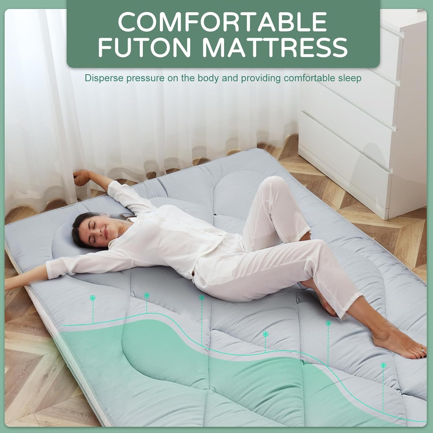 MOPHOTO Japanese Floor Mattress 3.5″ Thick Roll Up Sleeping Tatami Mat Futon Pad