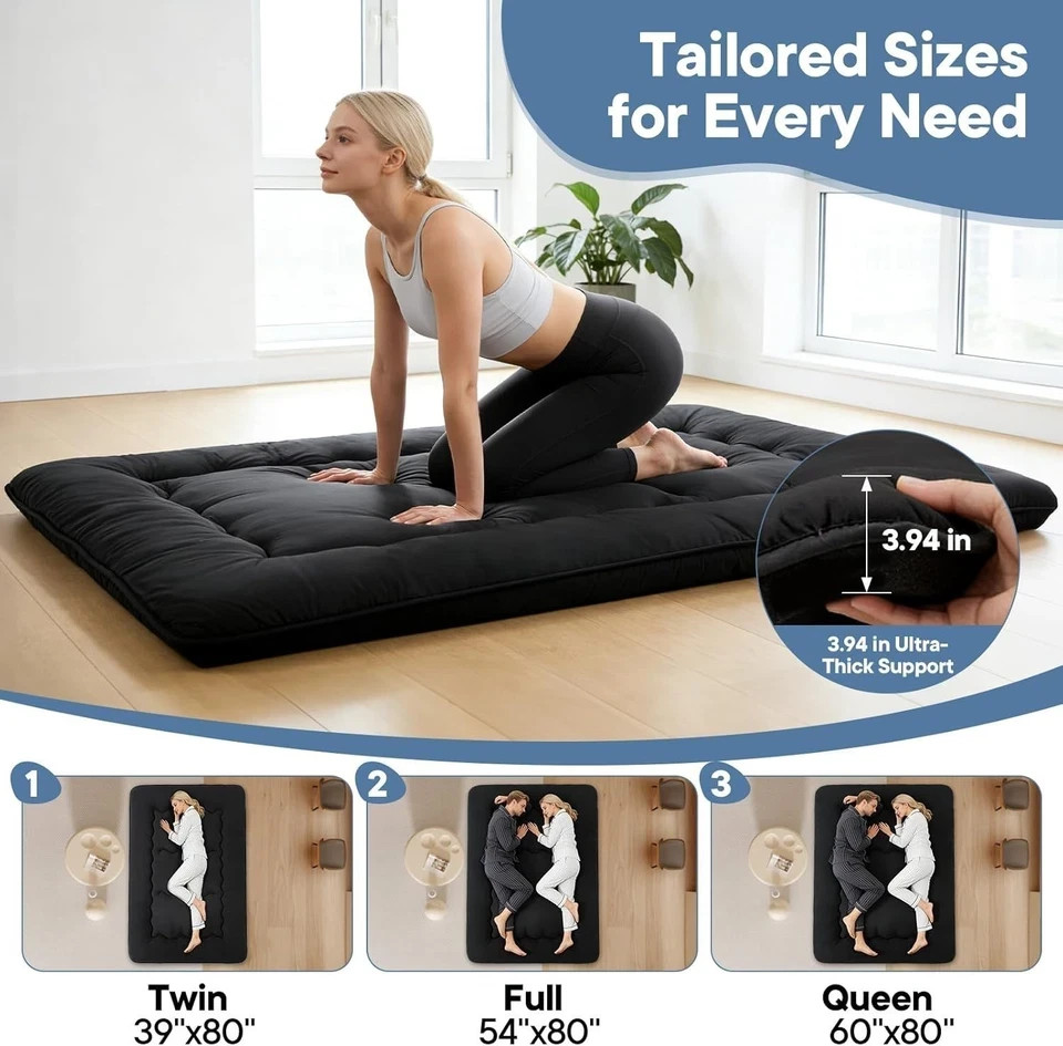 4″ Roll Up Floor Mattress Japanese Foldable Futon Mat Tatami w/ Removable Cover