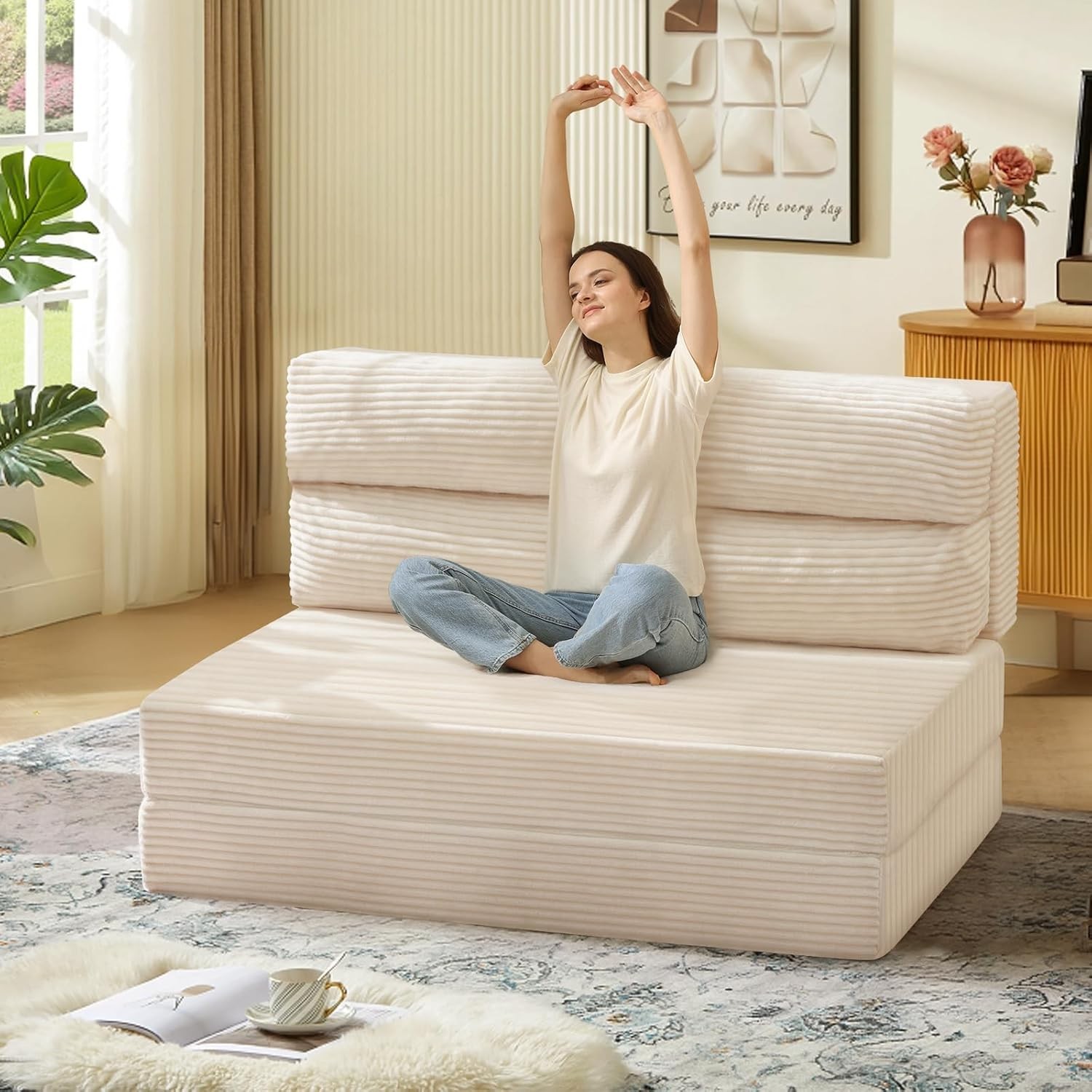 Folding Sofa Bed Convertible Sleeper Chair W/ Pilow Foldable Matress 2 in 1 Pull