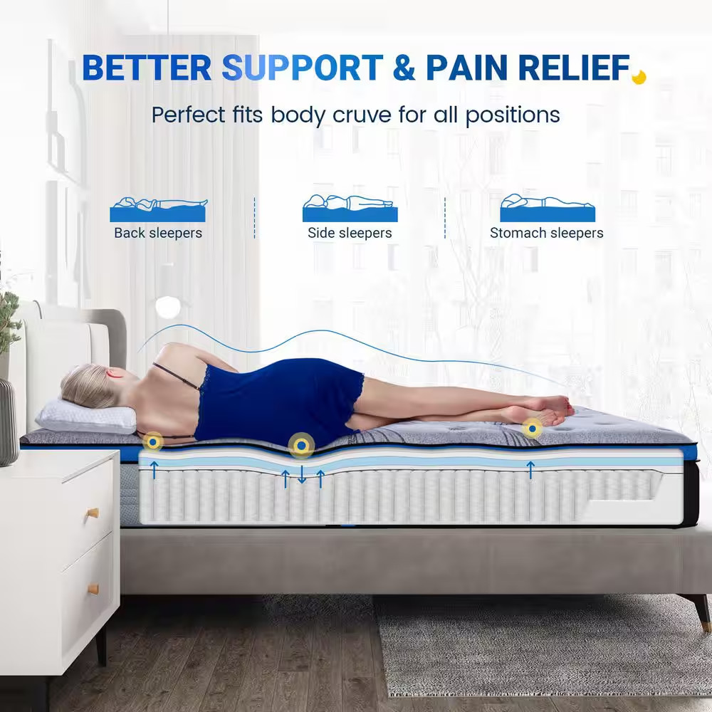 12 In. Medium Firm Hybrid Pillow Top King Size Mattress, Cooling & Certipur-Us C