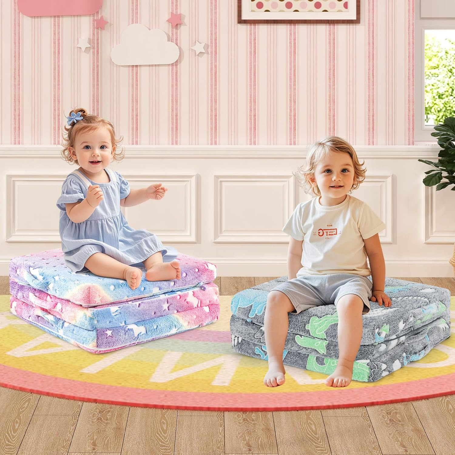 Glow in Dark Foldable Kids Floor Mattress with Washable Cover & Storage Bag