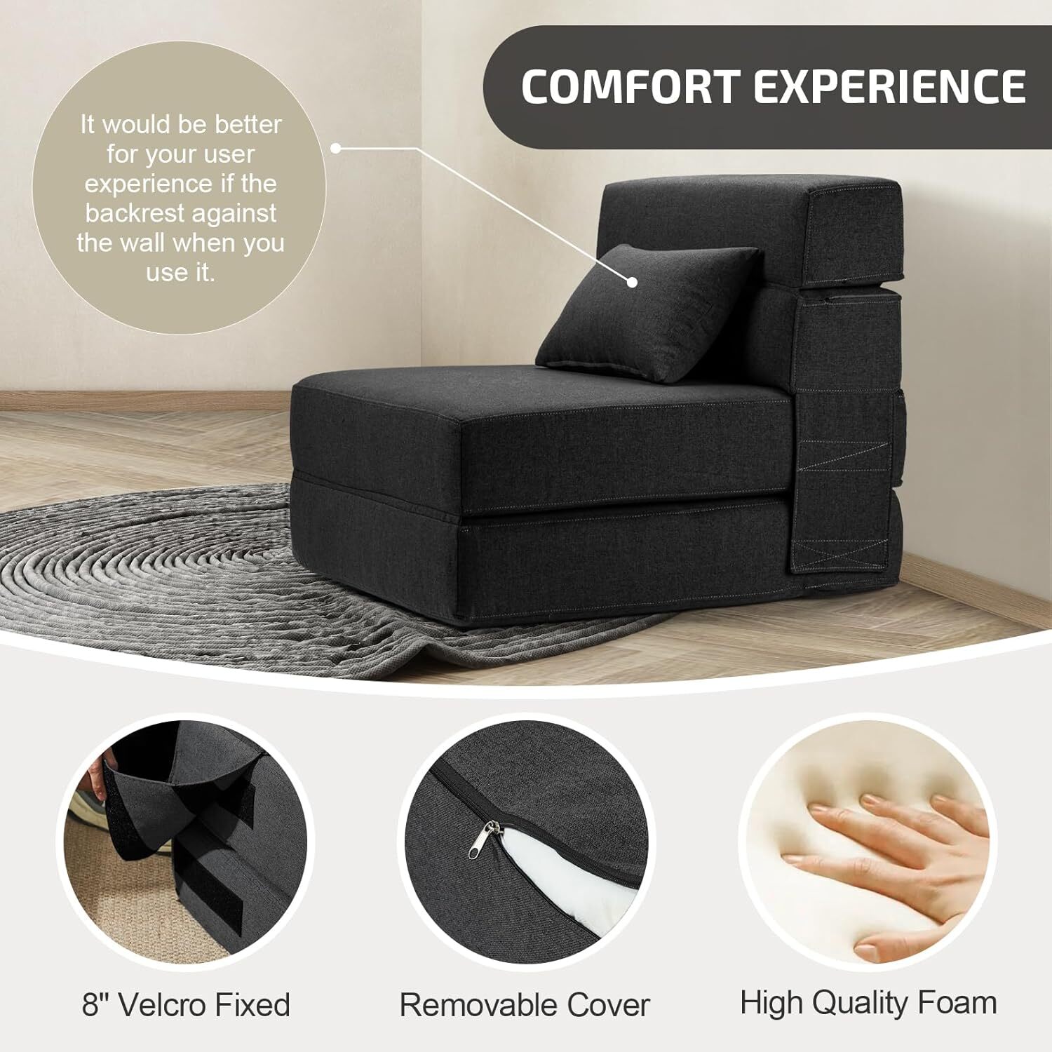 Folding Sofa Bed with Pillow- Convertible Chair Floor Couch Single, Dark Grey