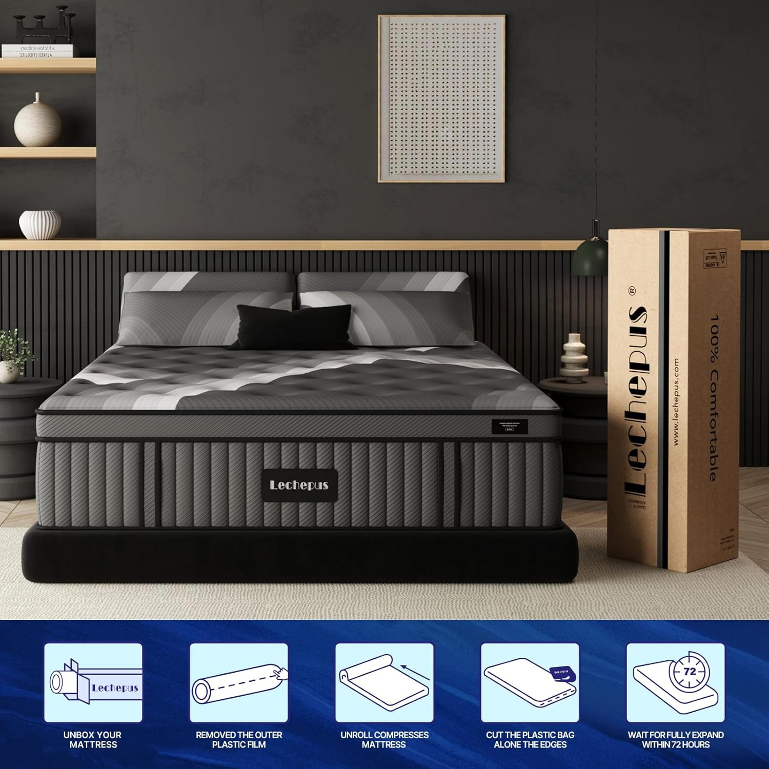 Lechepus 14Inch Queen Mattress in Box, Plush Memory Foam Queen Size Hybrid Mattr