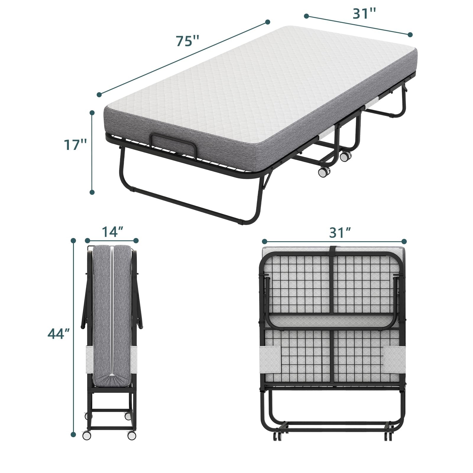 Folding Bed with Memory Foam Mattress for Adults Portable Space Saving Cot Size