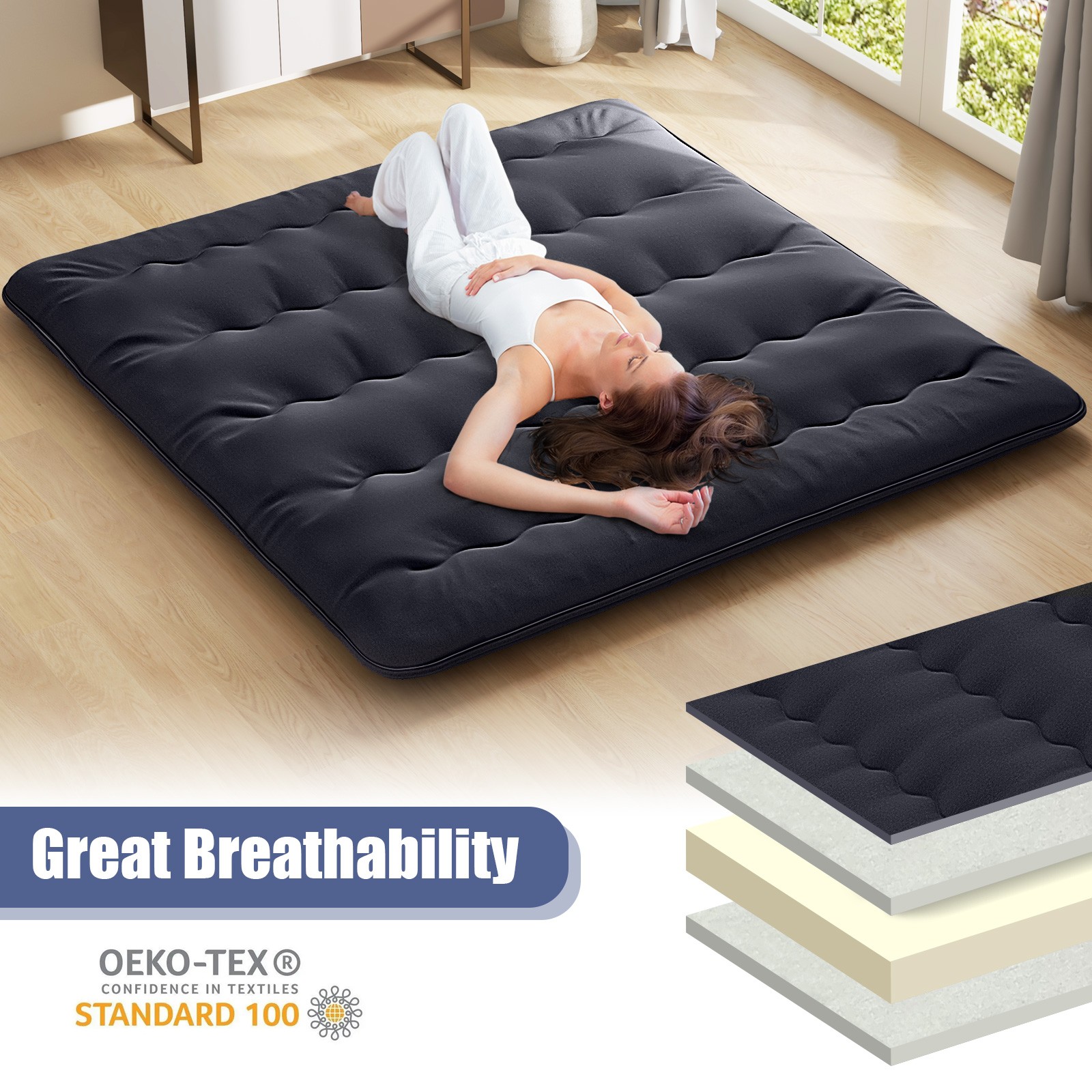 King Futon Mattress Japanese Floor Sleeping Pad Washable Cover Carry Bag Black