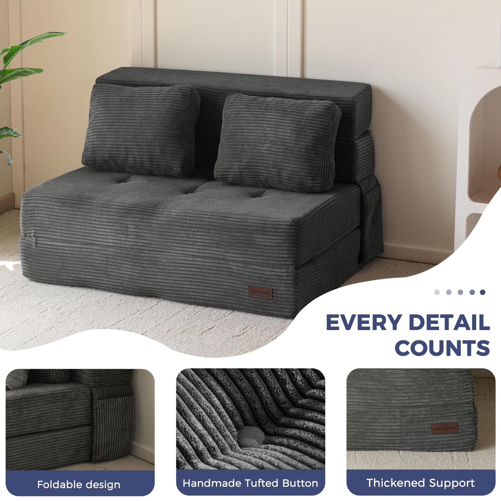 MAXYOYO Convertible Sofa Bed, Fold Out Loveseat Sleeper Twin, Dark Grey