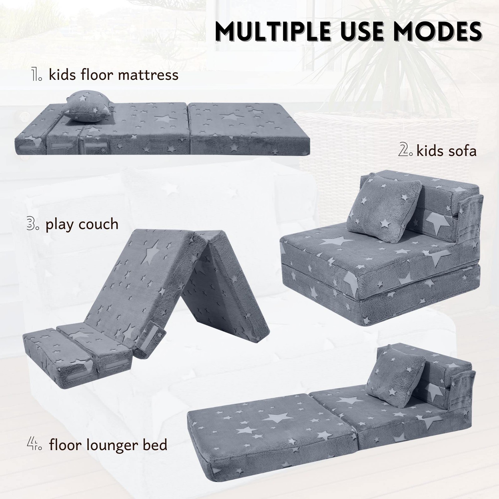 Kids Tri-Fold Sofa Bed – Glow Star Floor Mattress & Foldable Futon Chair Conv…