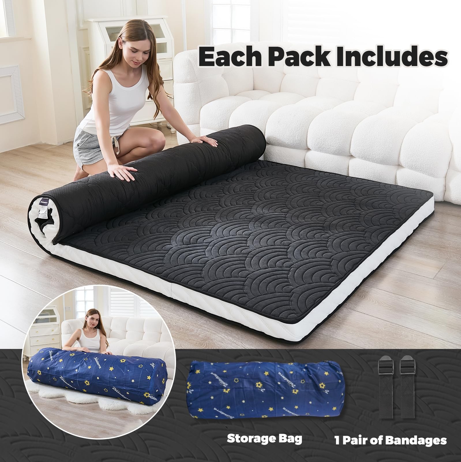 Japanese Floor Mattress, Quilted Futon Mattress with Anti-Slip Bottom, Foldab…