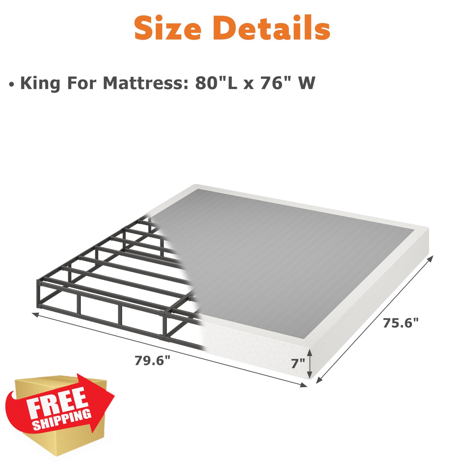ZASHONT King 7″ Box Spring Foundation Metal Mattress Support