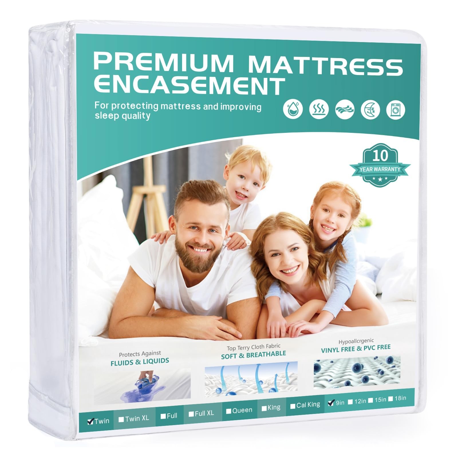39″x75″ Twin Waterproof Mattress Protector for Kids, 9″ Deep, Twin, White