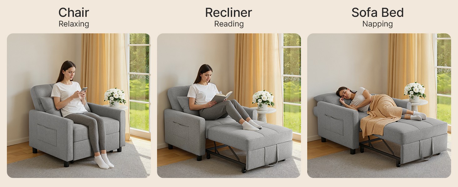 Convertible Sleeper Chair, 3-in-1 Sofa Bed with Adjustable Design,
