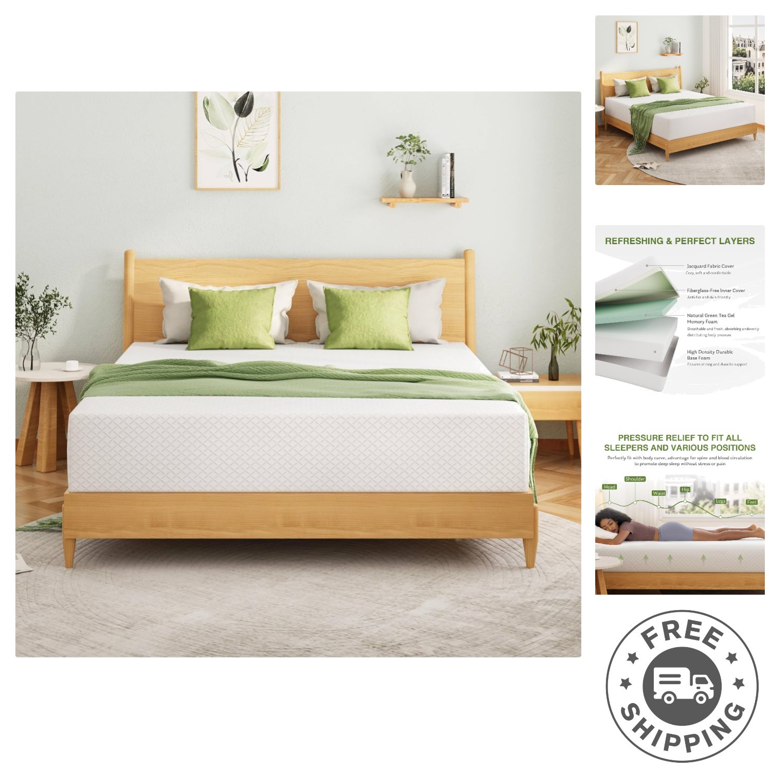 Twin XL Memory Foam Mattress with Cooling Green Tea Gel, 80”L x 38”W