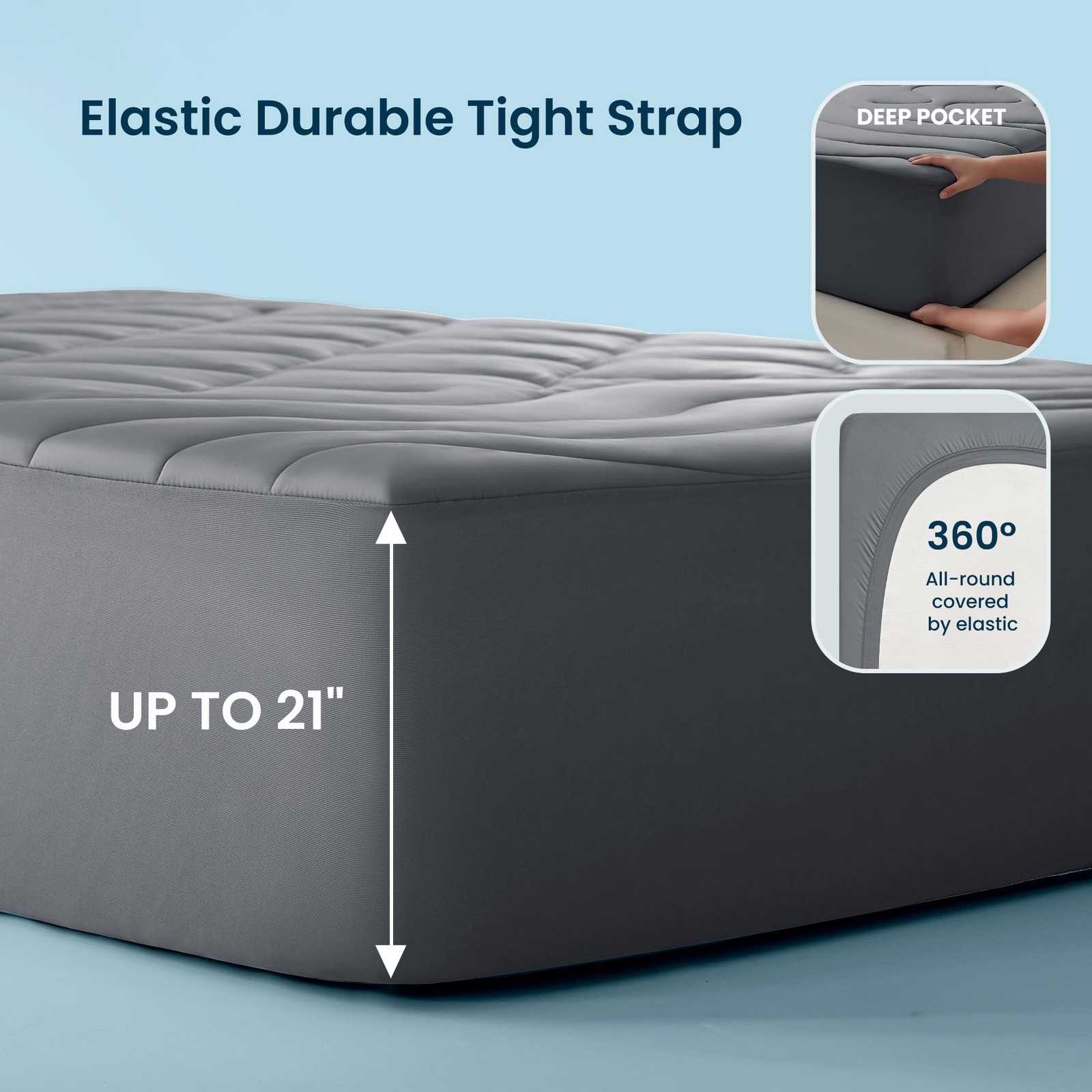 Sleep Zone Cooling Mattress Pad Queen, Support Topper, Gray