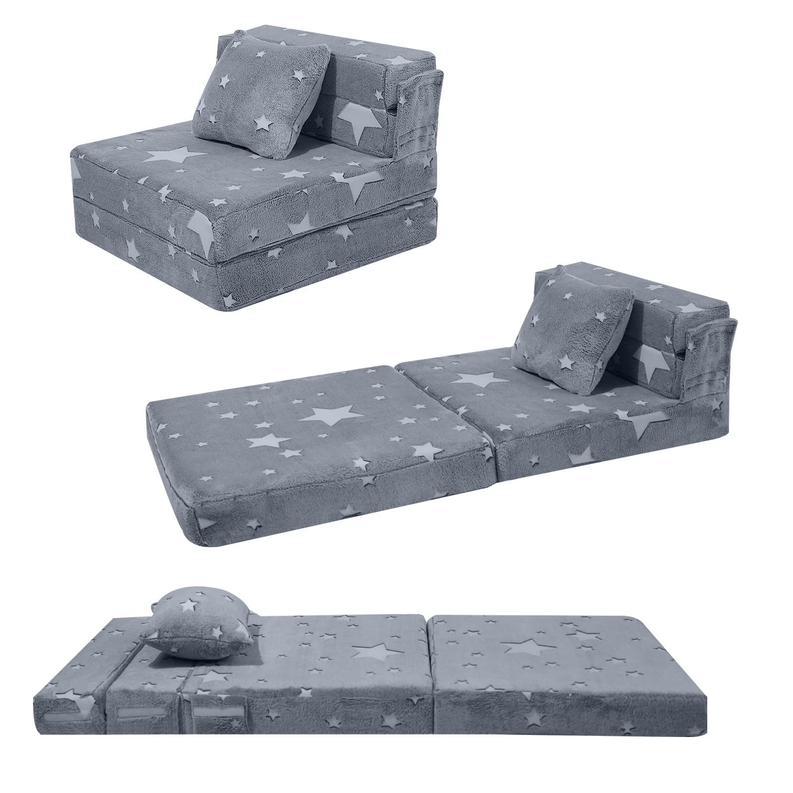 Kids Tri-Fold Sofa Bed – Glow Star Floor Mattress & Foldable Futon Chair Conv…