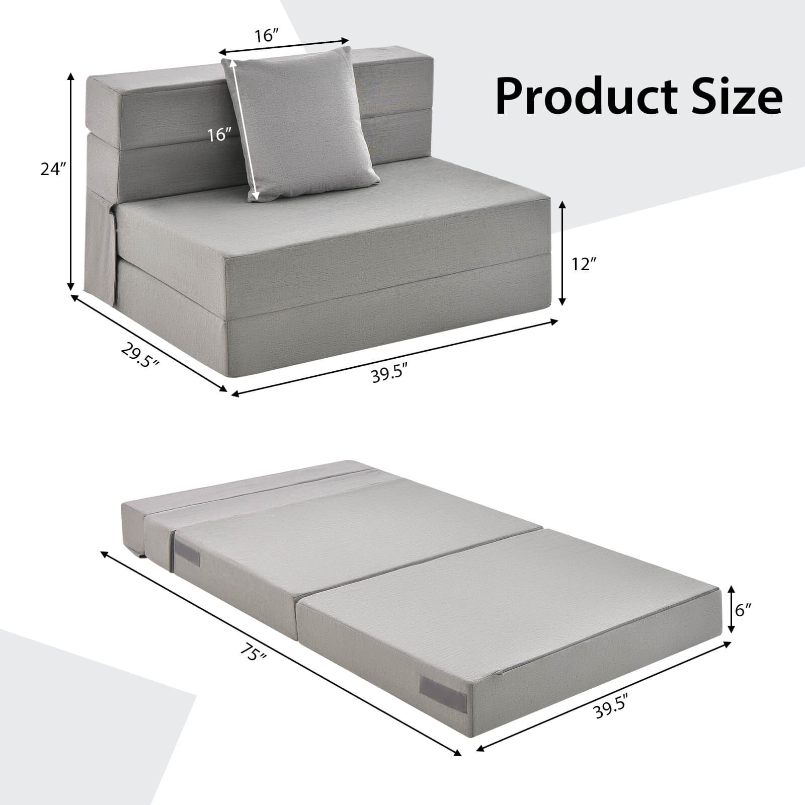 6″ Tri-fold Mattress w/Pillow Sofa Bed w/ High-Density Foam Additional Seating