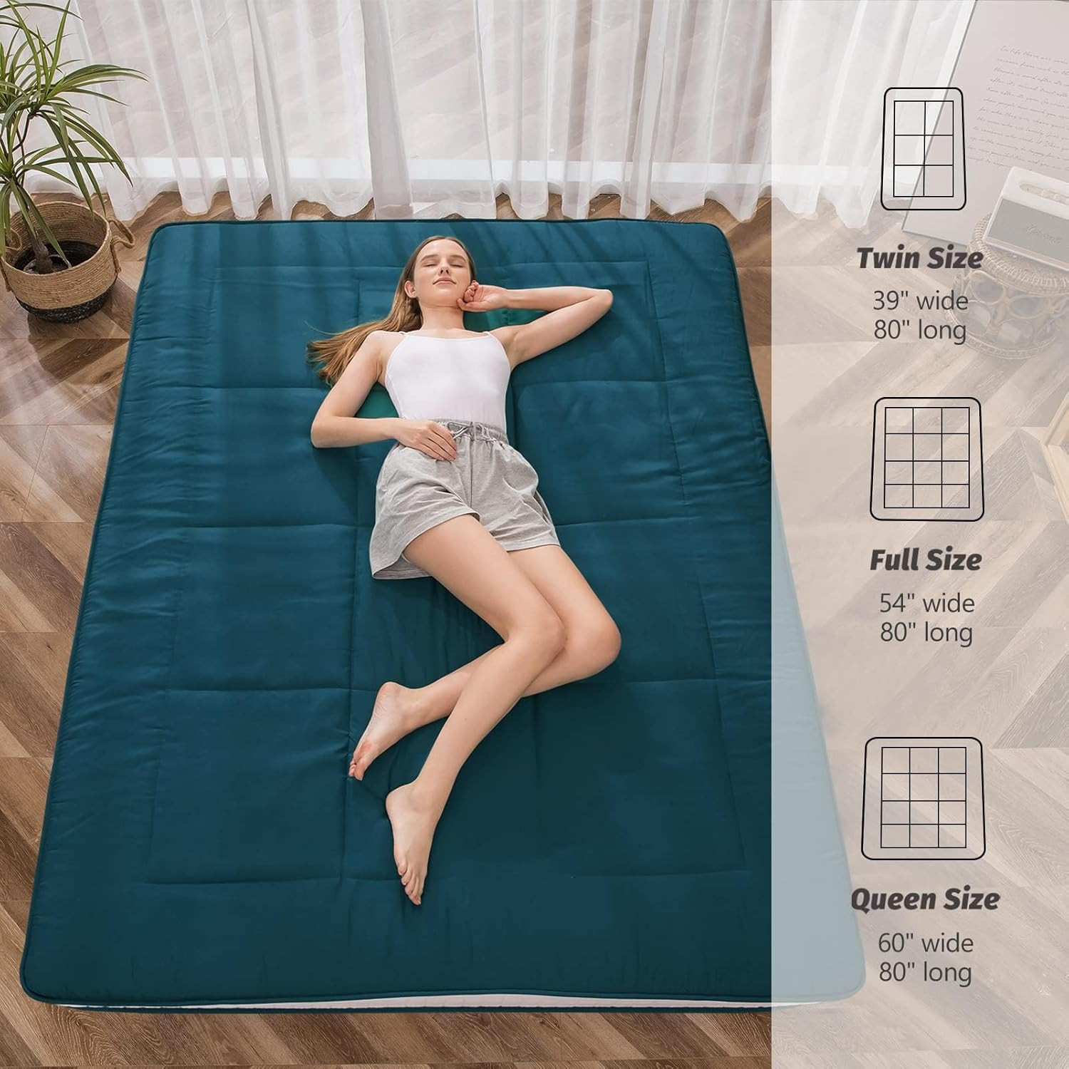 Extra Thick Quilted Futon Mattress – Full Size Folding Sleeping Pad, Bluestone