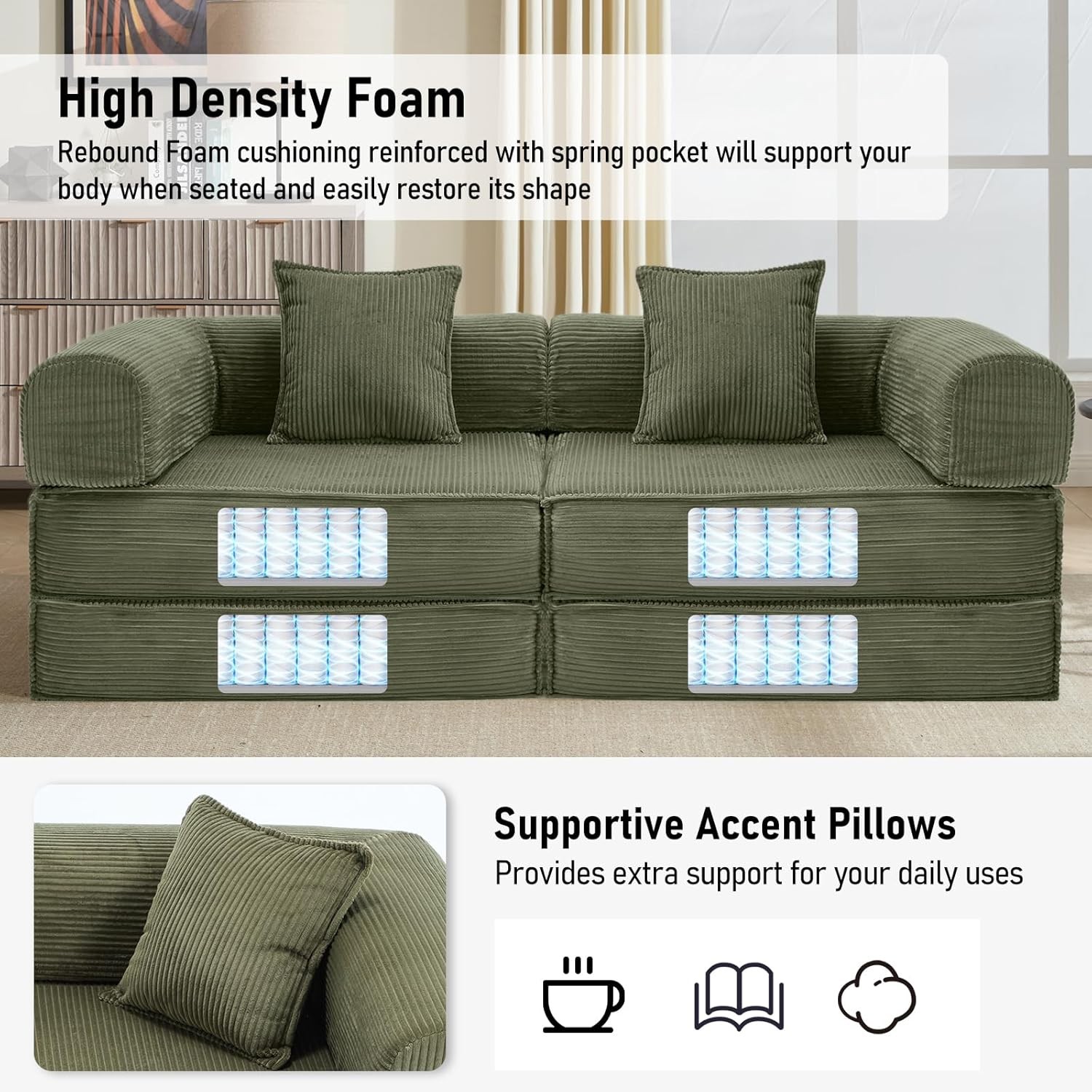 78″ Convertible Sleeper Sofa Bed, Modular Corduroy Couch with 2 Pillows,