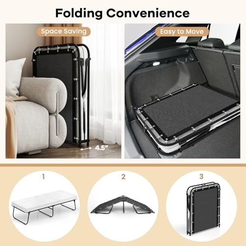 Folding Bed with Mattress, 75″ x 31″ Rollaway Guest Bed with Memory Foam &