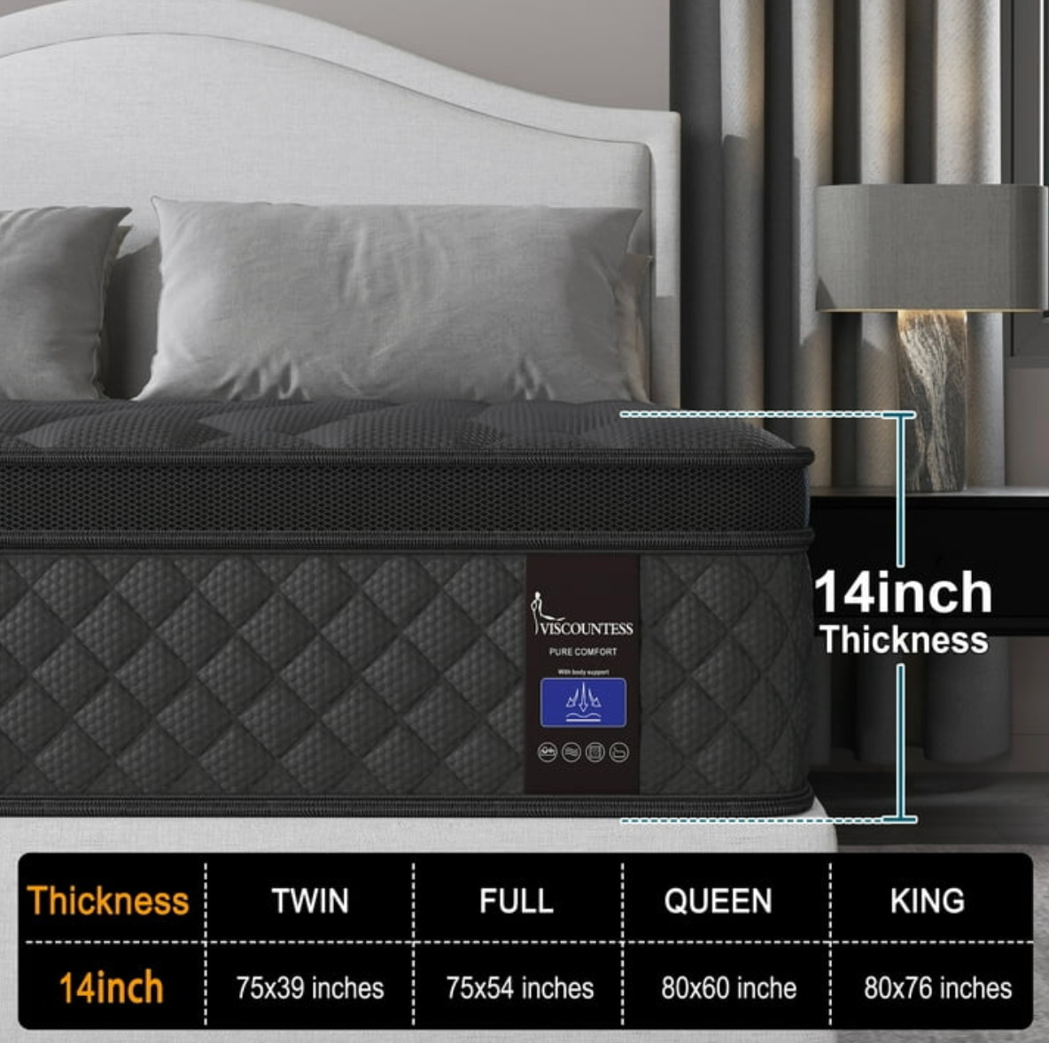 14″ Colchones King Size De Espuma 14 Pulgadas Gel Memory Foam Hybrid Mattress
